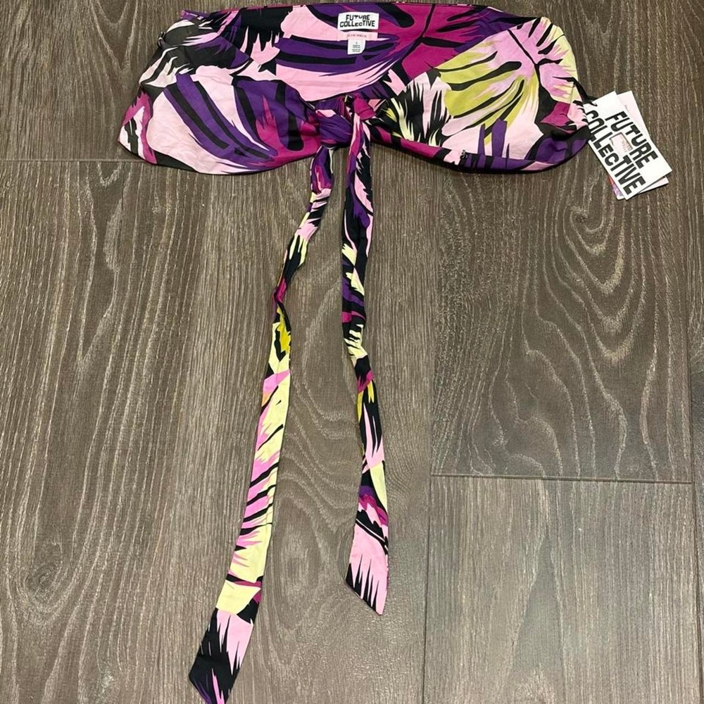 Future Collective Alani Noelle tie top with purple, pink, and yellow tropic